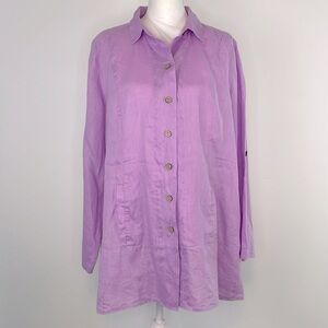 Soft Surroundings Lilac Linen Island Breeze Roll Tab Sleeve  Blouse. Size Large